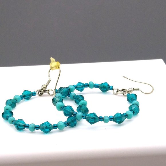 Vintage Beaded Dangling Hoop Earrings, Silver Tone and Teal - Picture 2 of 4